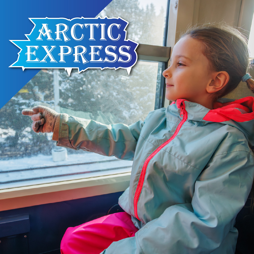 Arctic Express promotional image of girl on a train looking out of a window